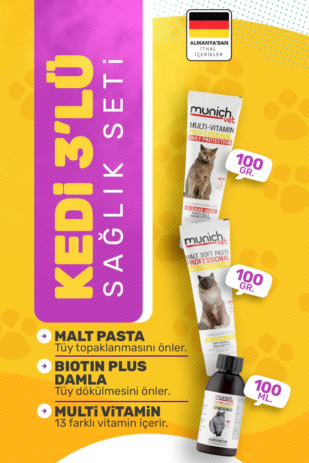 Munich Vet 3lü Kedi Seti Biotine Plus Damla Multi Vitamin Malt Paste