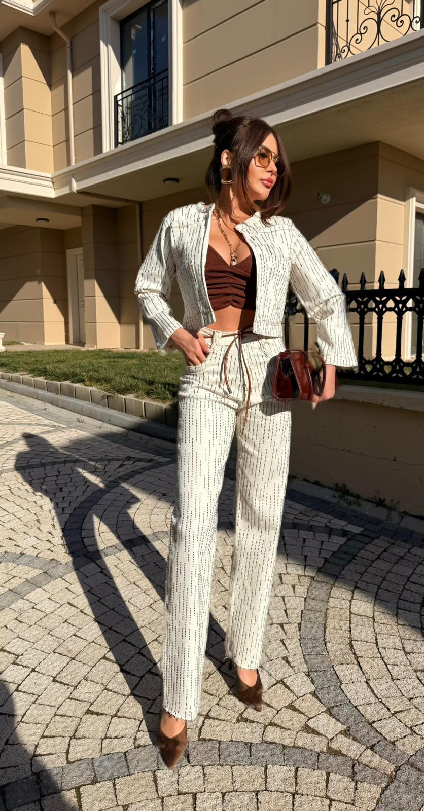 Su Yolu Taşlı Denim Takım