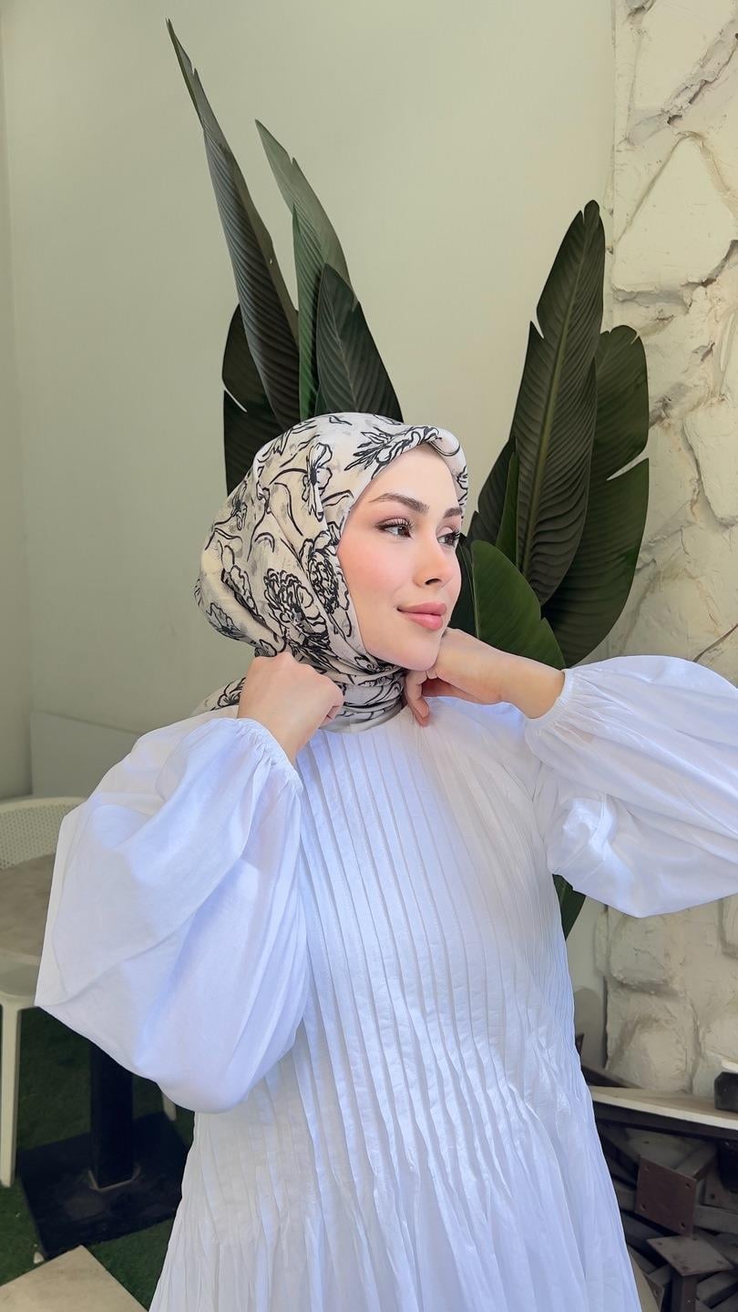 FLORA DESEN EŞARP KREM SİYAH-5