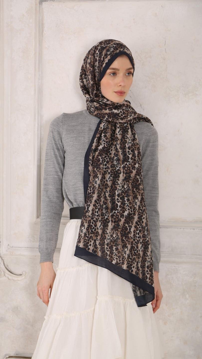 LEOPAR DESEN ŞAL LACİVERT