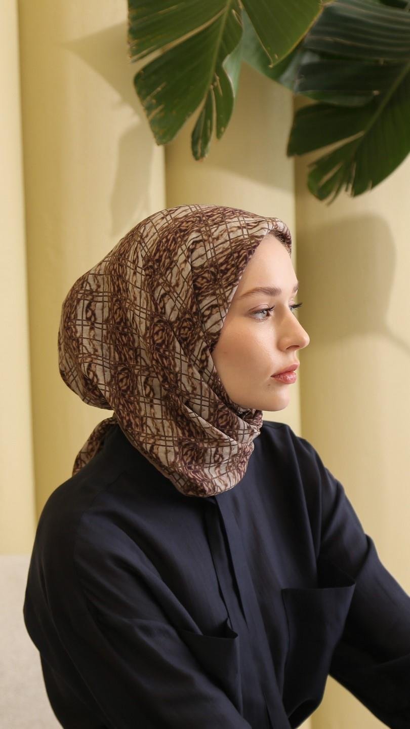 LEOPAR GRİD DESEN EŞARP BEJ
