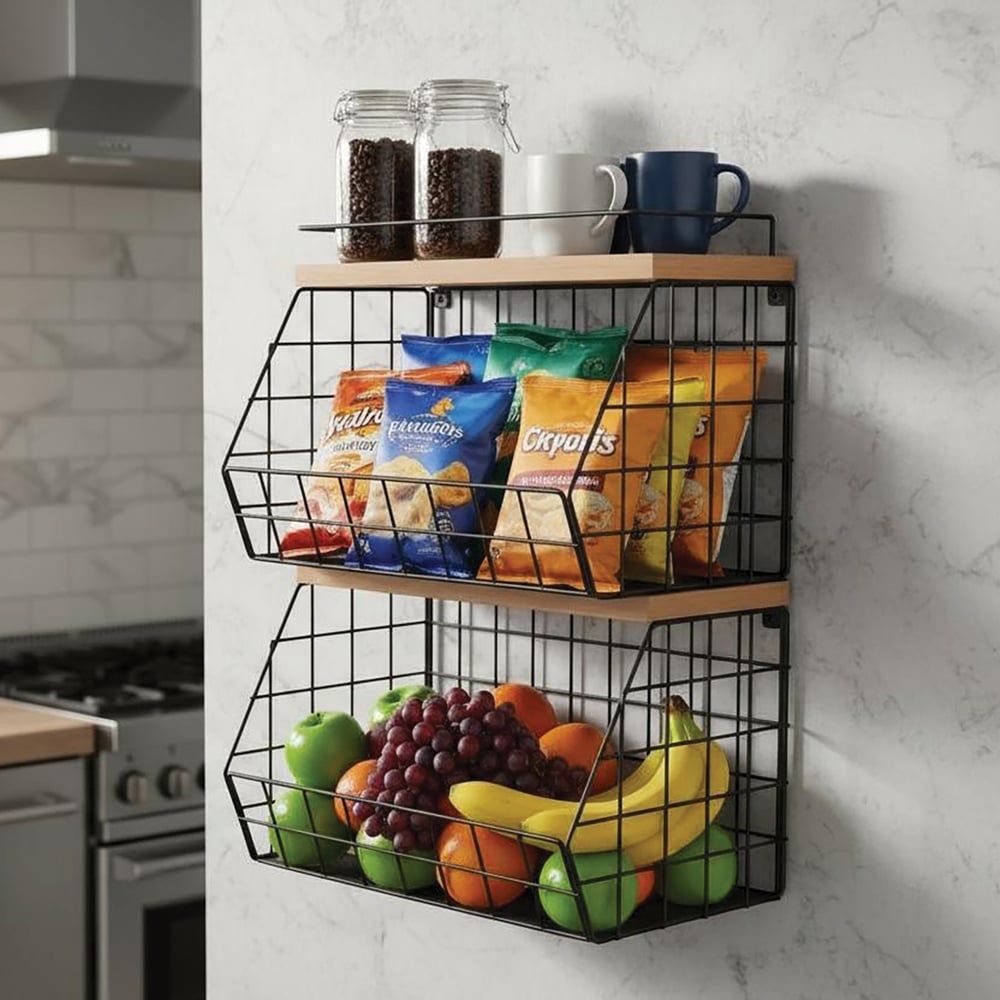 2 Raflı Ahşap Bambu Raflı Siyah Meyve Sepeti 31x23