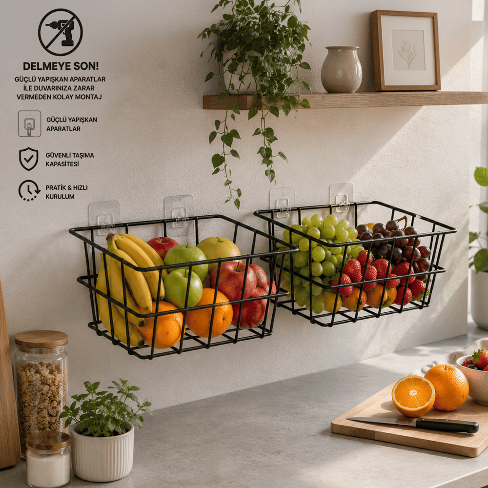 Decorelax 21x21 cm Yapışkanlı Duvar Sepeti 2'li Set - Çok Amaçlı Mutfak Banyo Organizer Avantaj Paketi