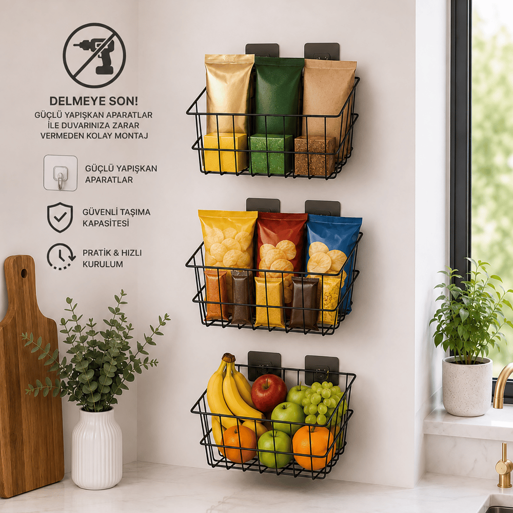 Decorelax 21x21 cm Yapışkanlı Duvar Sepeti 3'lü Set - Ekonomik Ev ve Ofis Düzenleyici Tel Sepet Kombini
