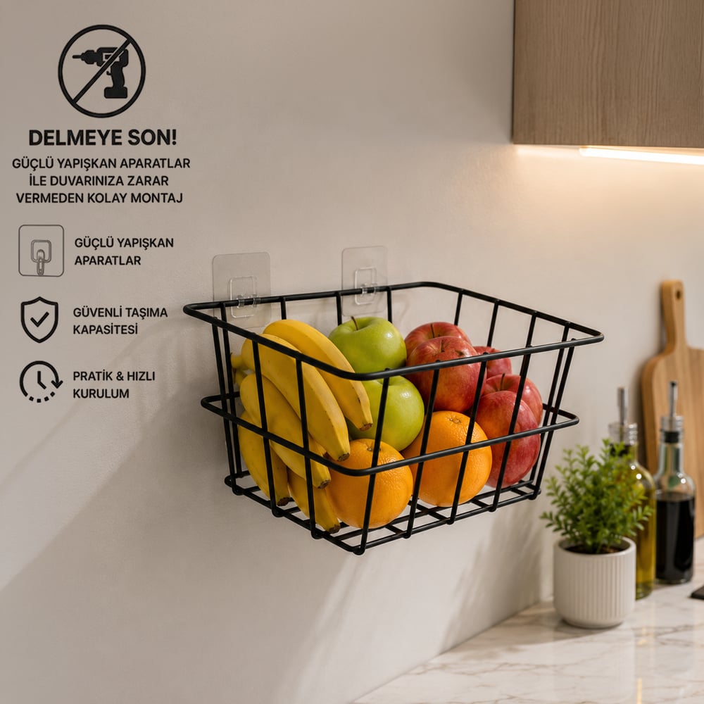 Decorelax 21x21 cm Yapışkanlı Duvar Sepeti Tekli - Mutfak Banyo Çalışma Odası Düzenleyici Metal Sepet Siyah