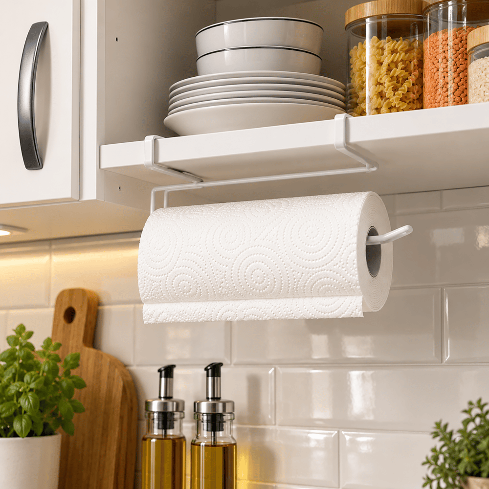 Decorelax Dolap Altı Geçmeli Kağıt Havluluk Metal Beyaz – Delmesiz Raf Arası Mutfak Rulo Peçetelik Aski Organizer