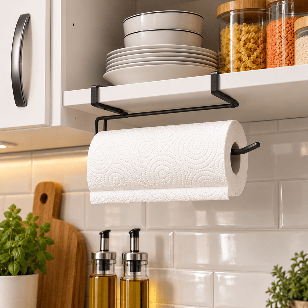 Decorelax Dolap Altı Geçmeli Kağıt Havluluk Metal Siyah – Delmesiz Raf Arası Mutfak Rulo Peçetelik Aski Organizer