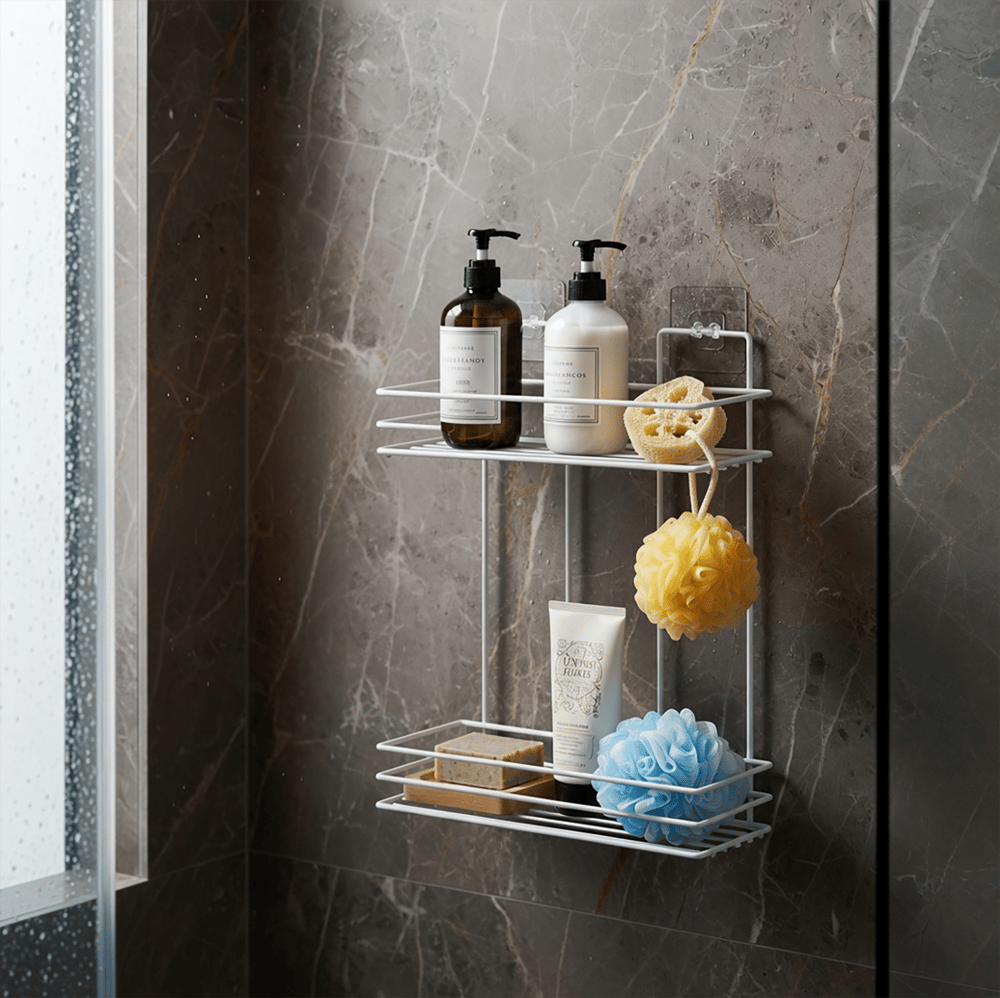 Decorelax Yapışkanlı 2 Katlı Banyo Rafı Duş Şampuanlık - Delmesiz Beyaz Dikdörtgen Banyo Organizeri