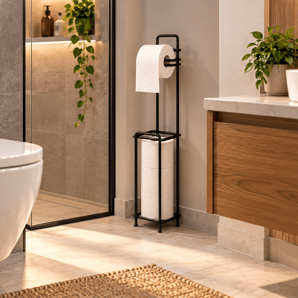 Decorelax Yedekli Metal Tuvalet Kağıtlığı Standı Siyah - WC Kağıtlık Tutucu Banyo Aksesuarı