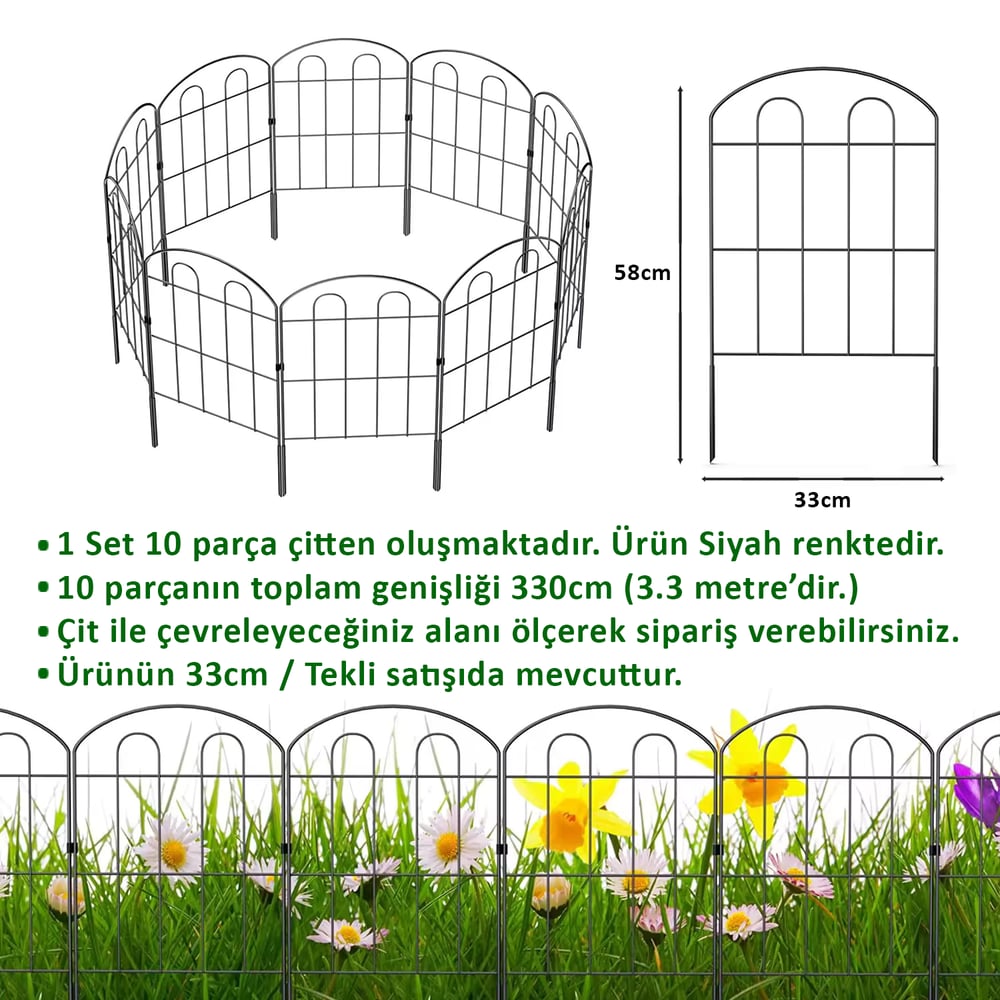 DEKORATİF BAHÇE ÇİTİ 10'LU SET 330CM MODEL - 1 SİYAH HOBİ BAHÇESİ, ÇİÇEK, SEBZE, MİNİ BAHÇE