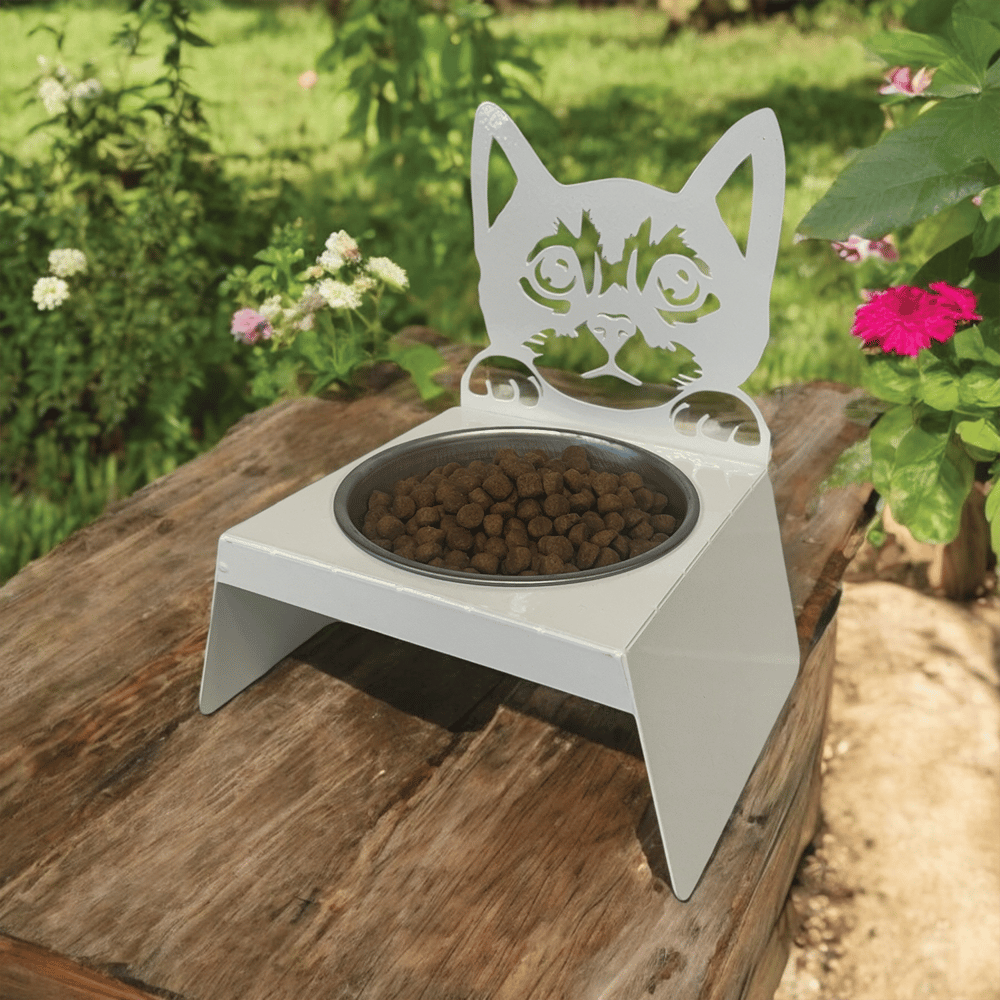 Sevimli Kedi Tasarımlı, Ergonomik Beyaz Kedi ve Köpek Mama ve Su Kabı Tekli Small Model – Paslanmaz Çelik, Dayanıklı Malzeme 