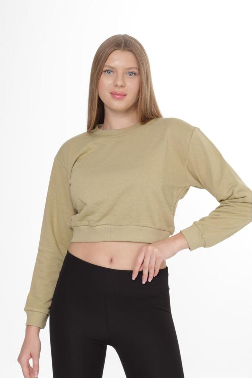 Açık Haki %100 Pamuk Baskılı Kadın Basic Crop bisiklet yaka uzun kollu sweatshirt