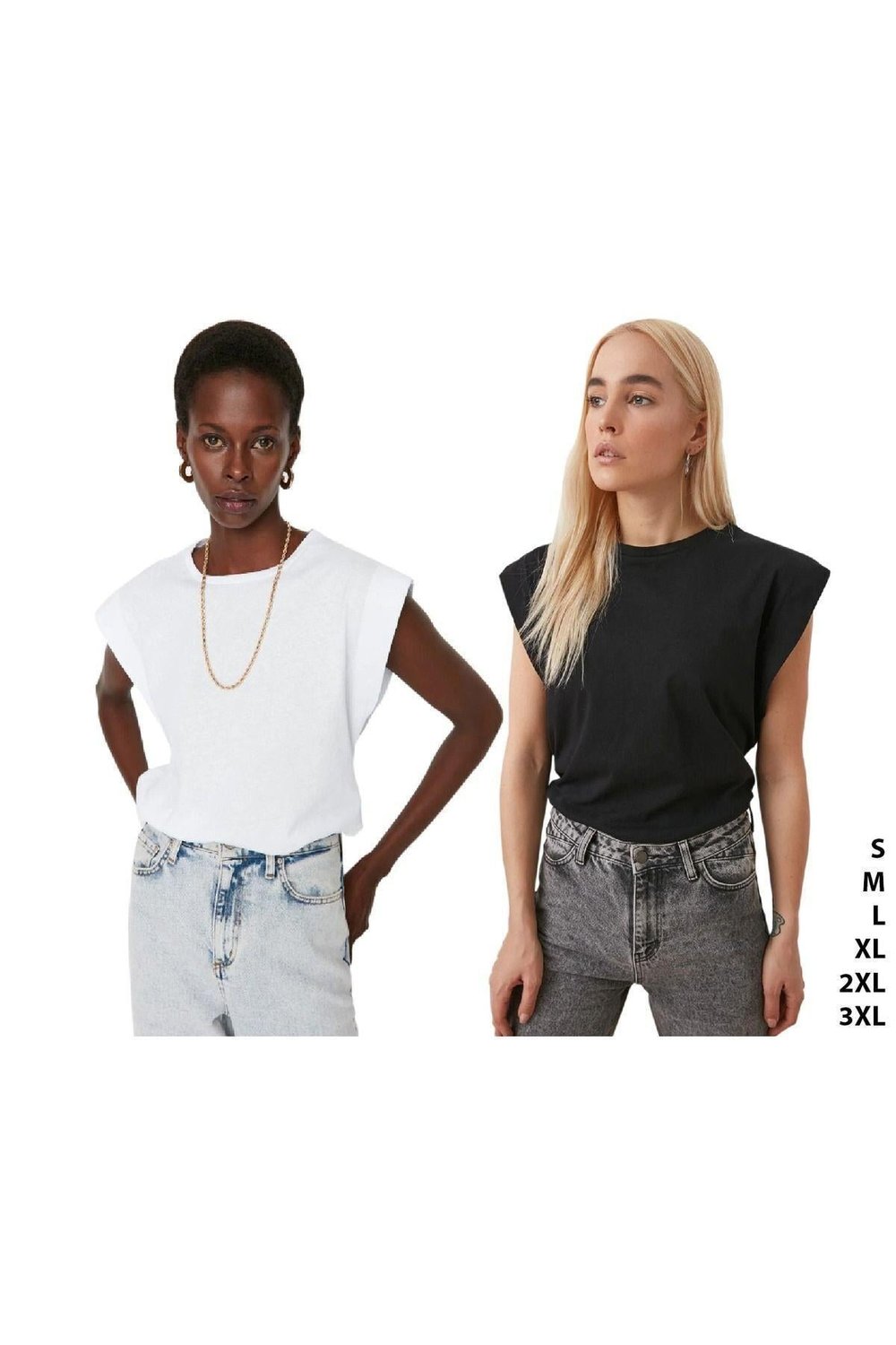 Siyah-Beyaz 2li %100 Pamuk Vatka Görünümlü Koltukaltı Parçalı Basic Bisiklet Yaka Örme T-shirt