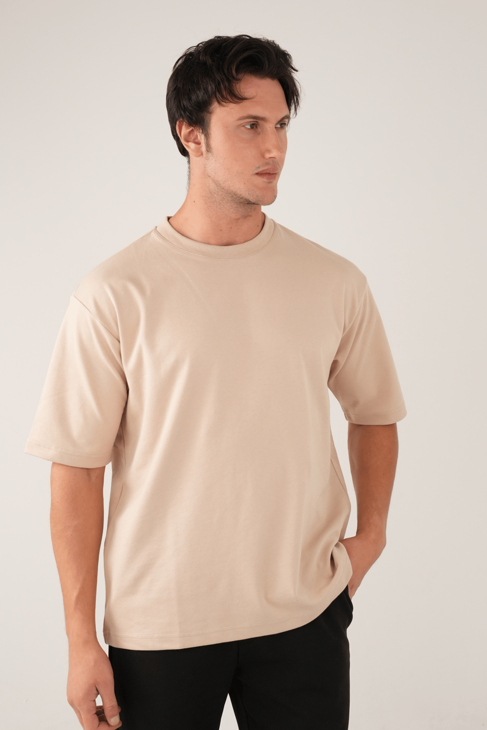 Bisiklet Yaka Bej T-Shirt