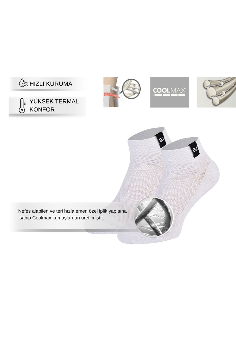 Beyaz Coolmax Performans ve Spor Çorabı Hızlı Kuruyan Termal Yarım Havlu Taban