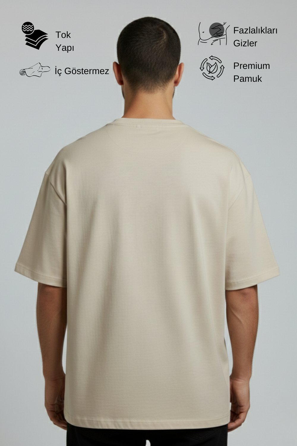 Erkek Pamuklu Oversize Bisiklet Yaka Bej T-Shirt