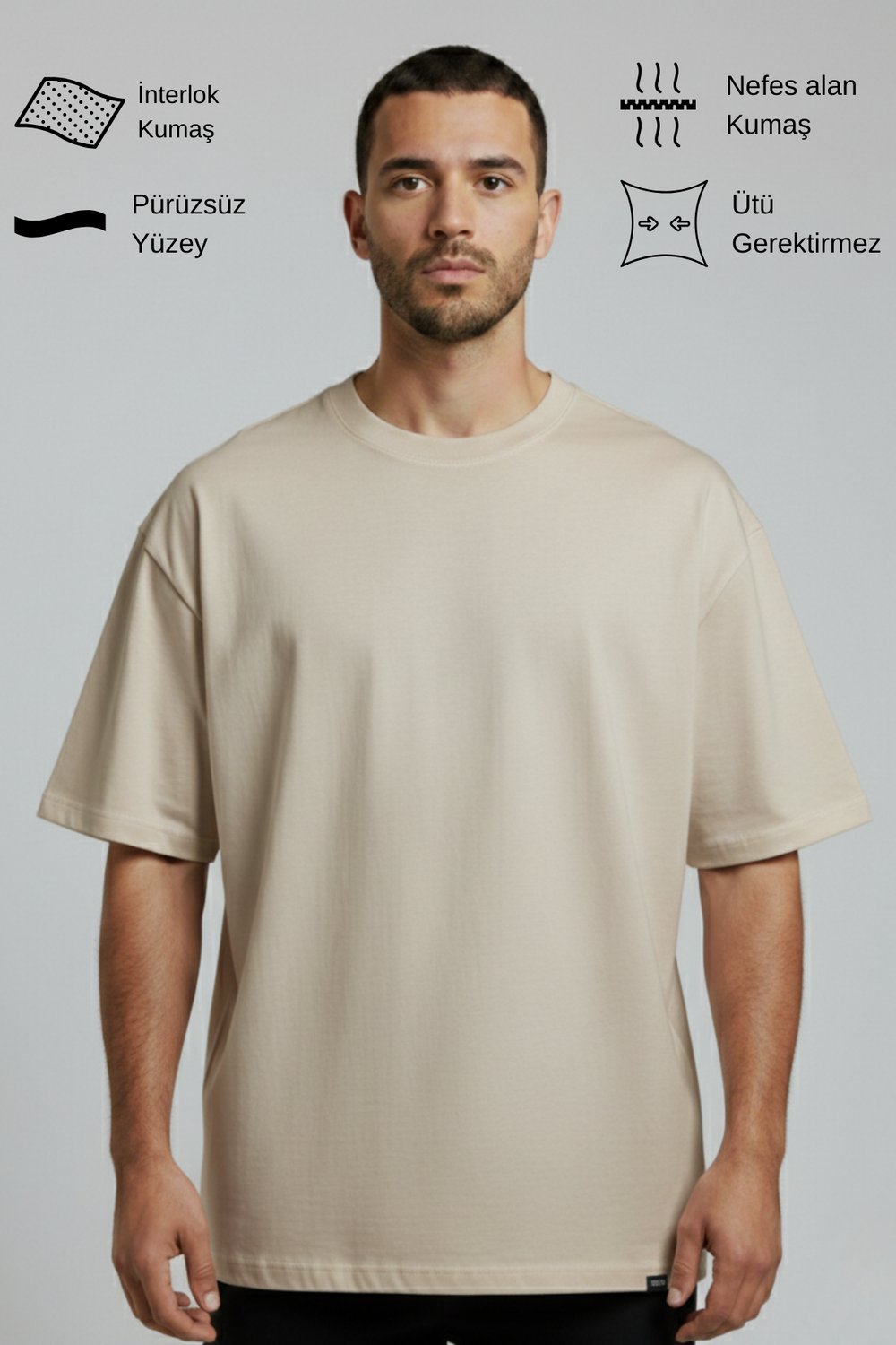Erkek Pamuklu Oversize Bisiklet Yaka Bej T-Shirt