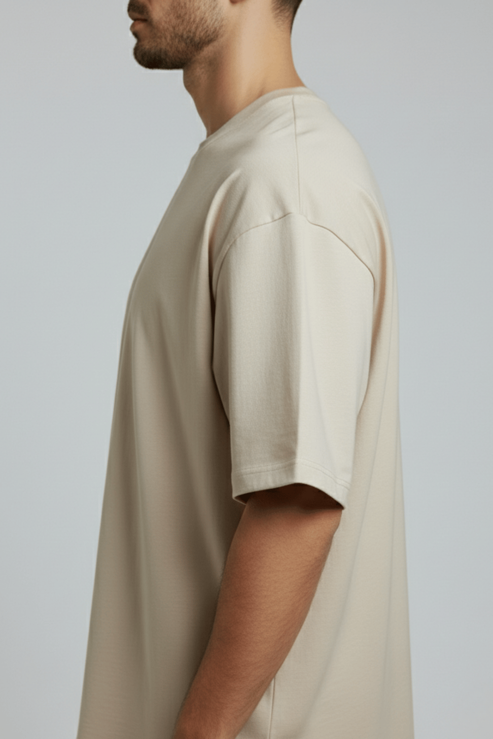 Erkek Pamuklu Oversize Bisiklet Yaka Bej T-Shirt