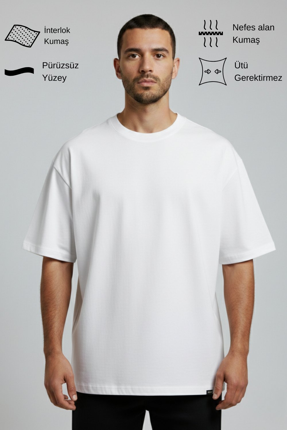 Erkek Pamuklu Oversize Bisiklet Yaka Beyaz T-Shirt