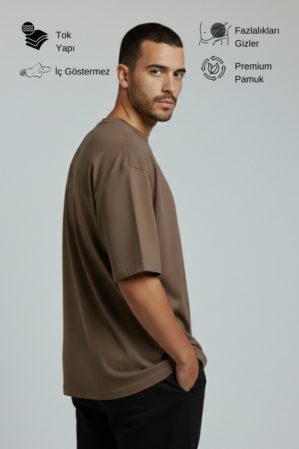 Erkek Pamuklu Oversize Bisiklet Yaka Kahverengi T-Shirt