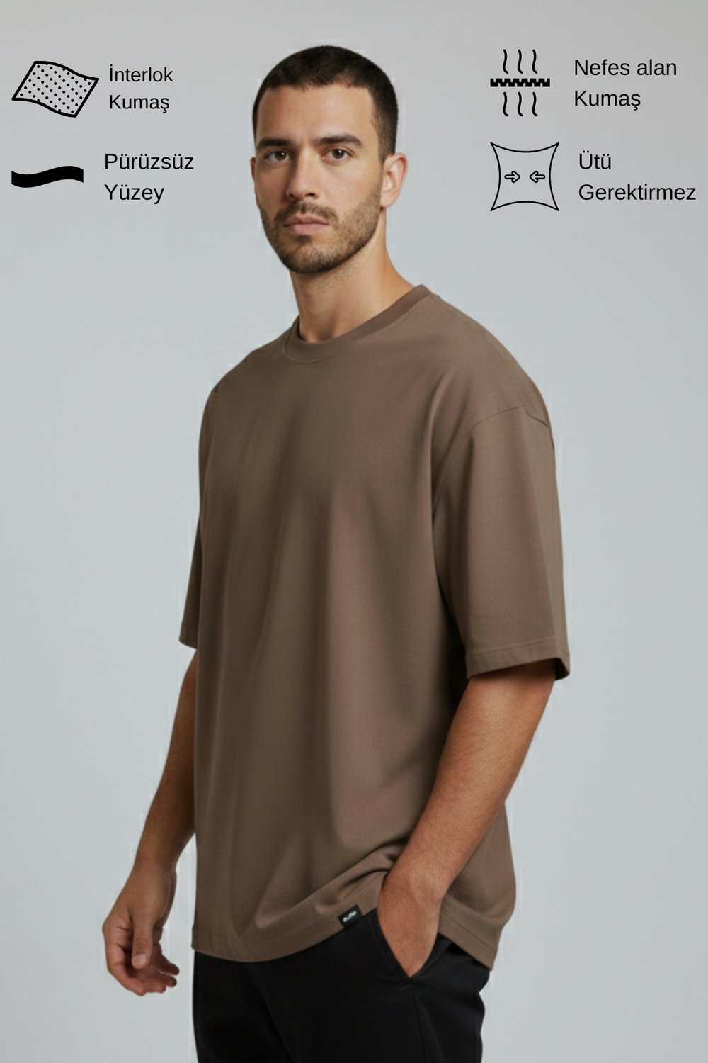 Erkek Pamuklu Oversize Bisiklet Yaka Kahverengi T-Shirt