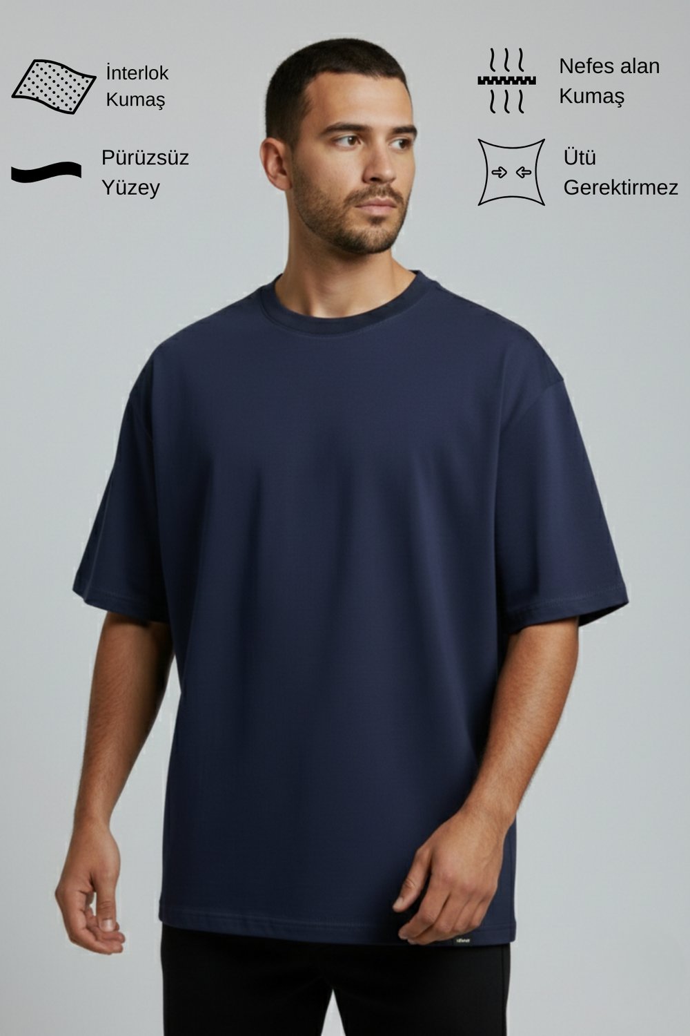 Erkek Pamuklu Oversize Bisiklet Yaka Mavi T-Shirt