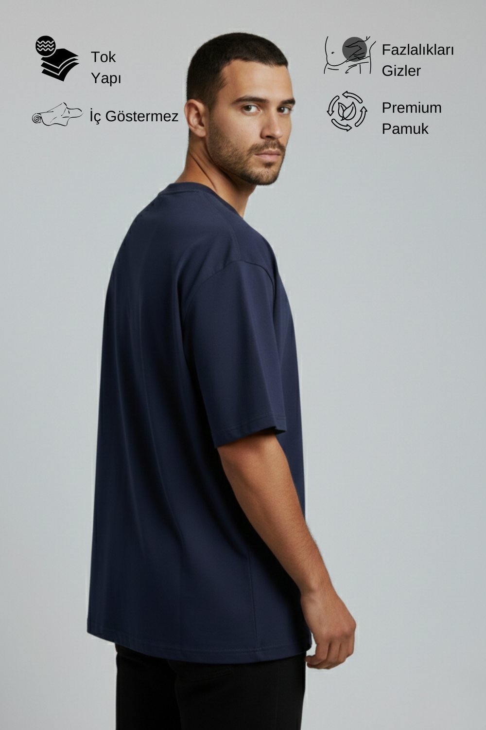 Erkek Pamuklu Oversize Bisiklet Yaka Mavi T-Shirt