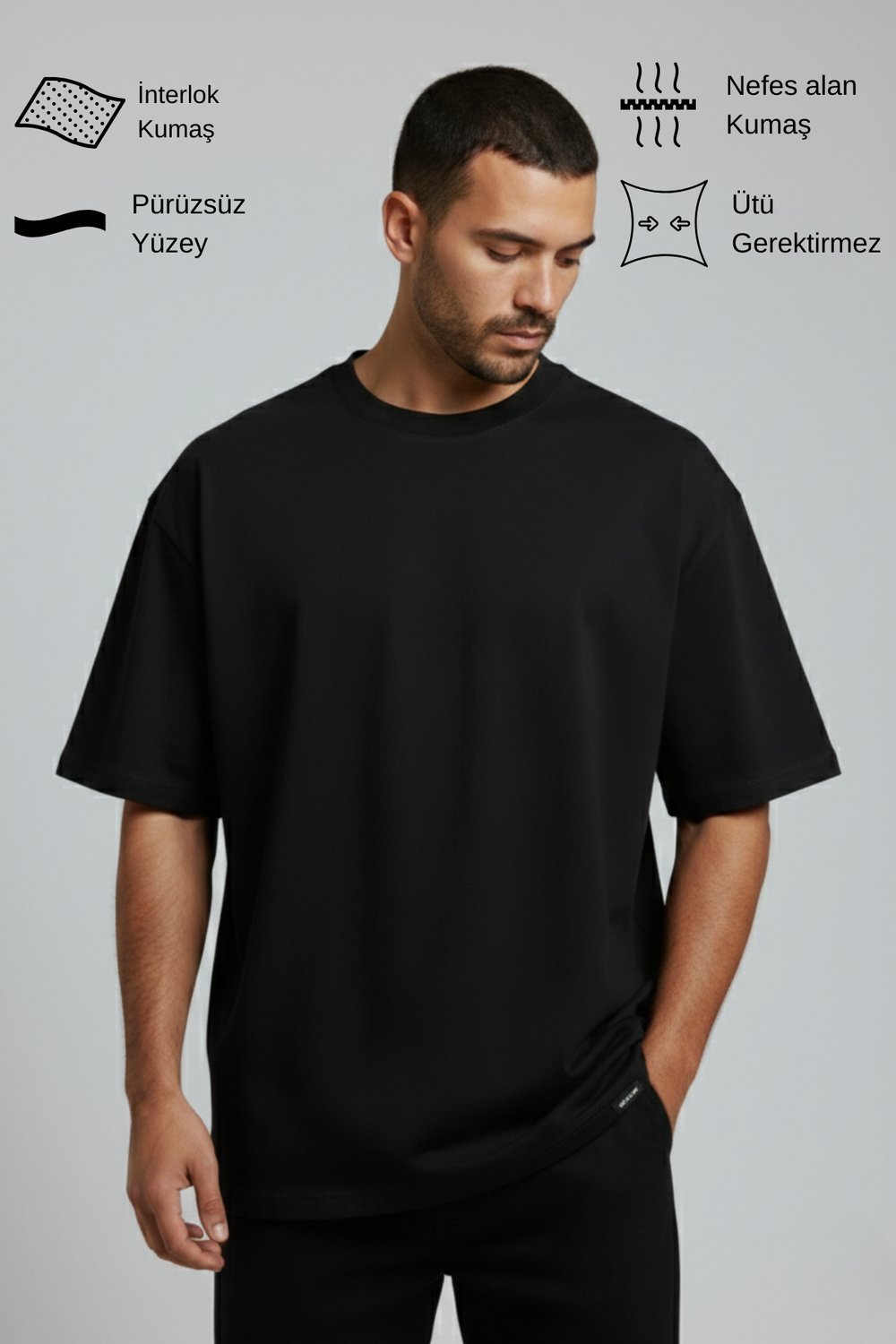 Erkek Pamuklu Oversize Bisiklet Yaka Siyah T-Shirt