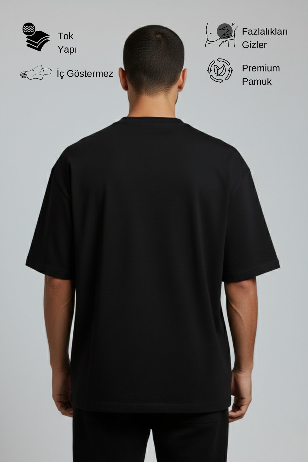 Erkek Pamuklu Oversize Bisiklet Yaka Siyah T-Shirt
