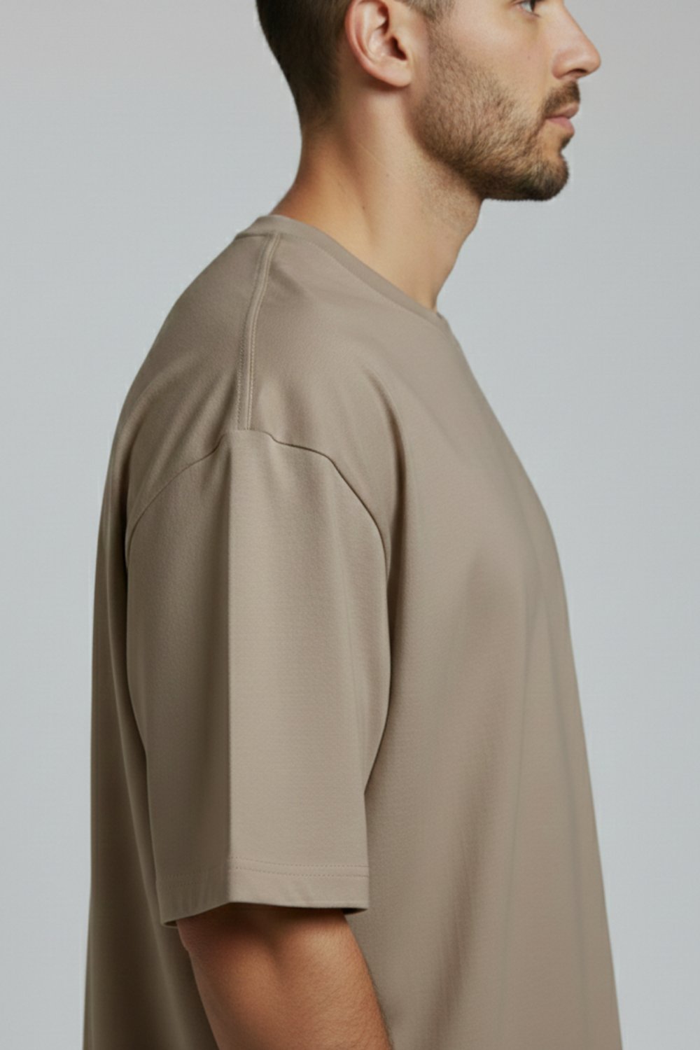 Erkek Pamuklu Oversize Bisiklet Yaka Vizon T-Shirt