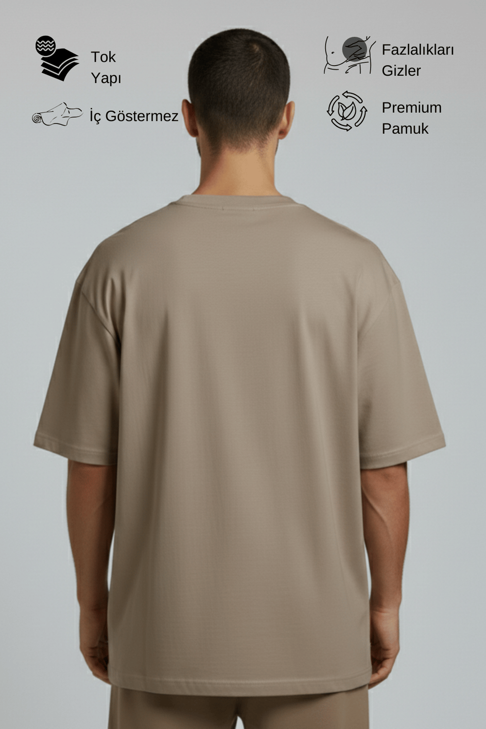 Erkek Pamuklu Oversize Bisiklet Yaka Vizon T-Shirt