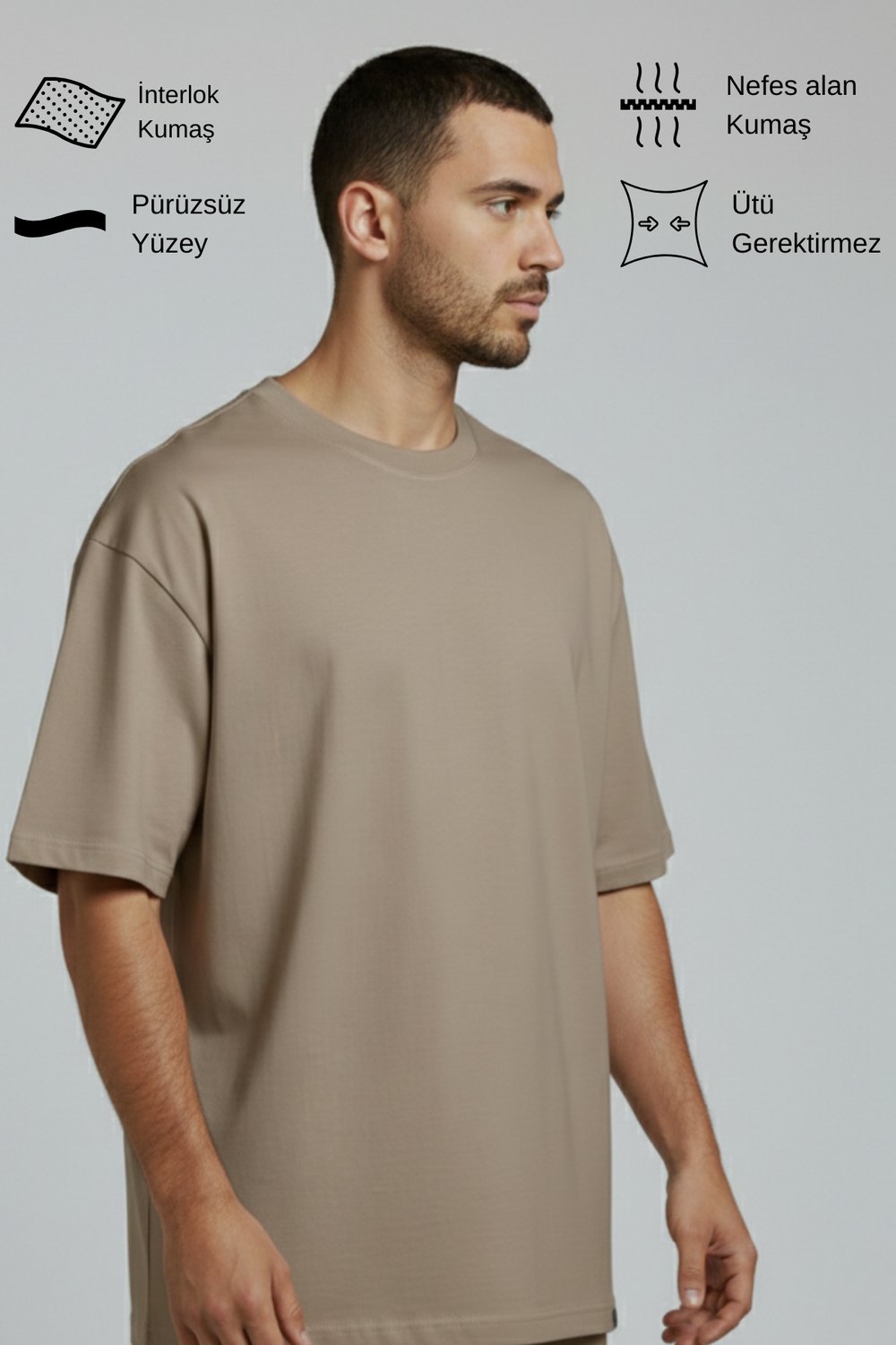 Erkek Pamuklu Oversize Bisiklet Yaka Vizon T-Shirt