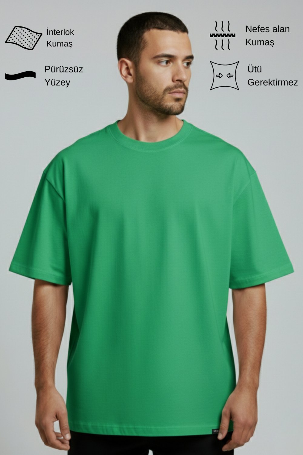 Erkek Pamuklu Oversize Bisiklet Yaka Yeşil T-Shirt