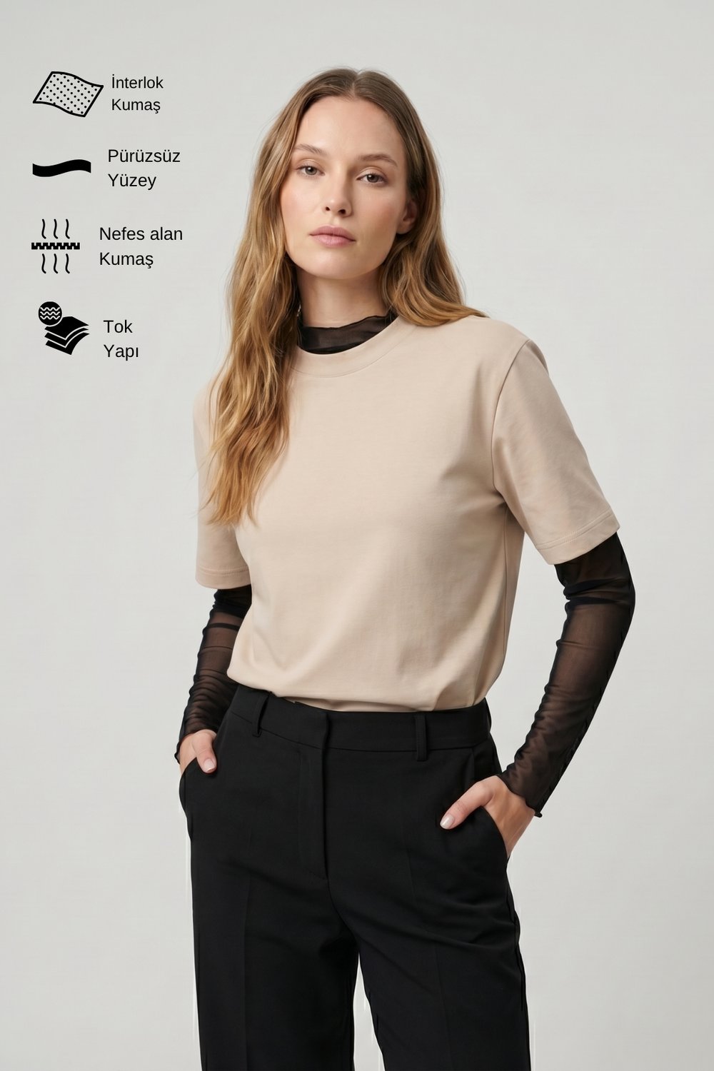 Kadın İnterlok Pamuklu Bisiklet Yaka Bej T-shirt