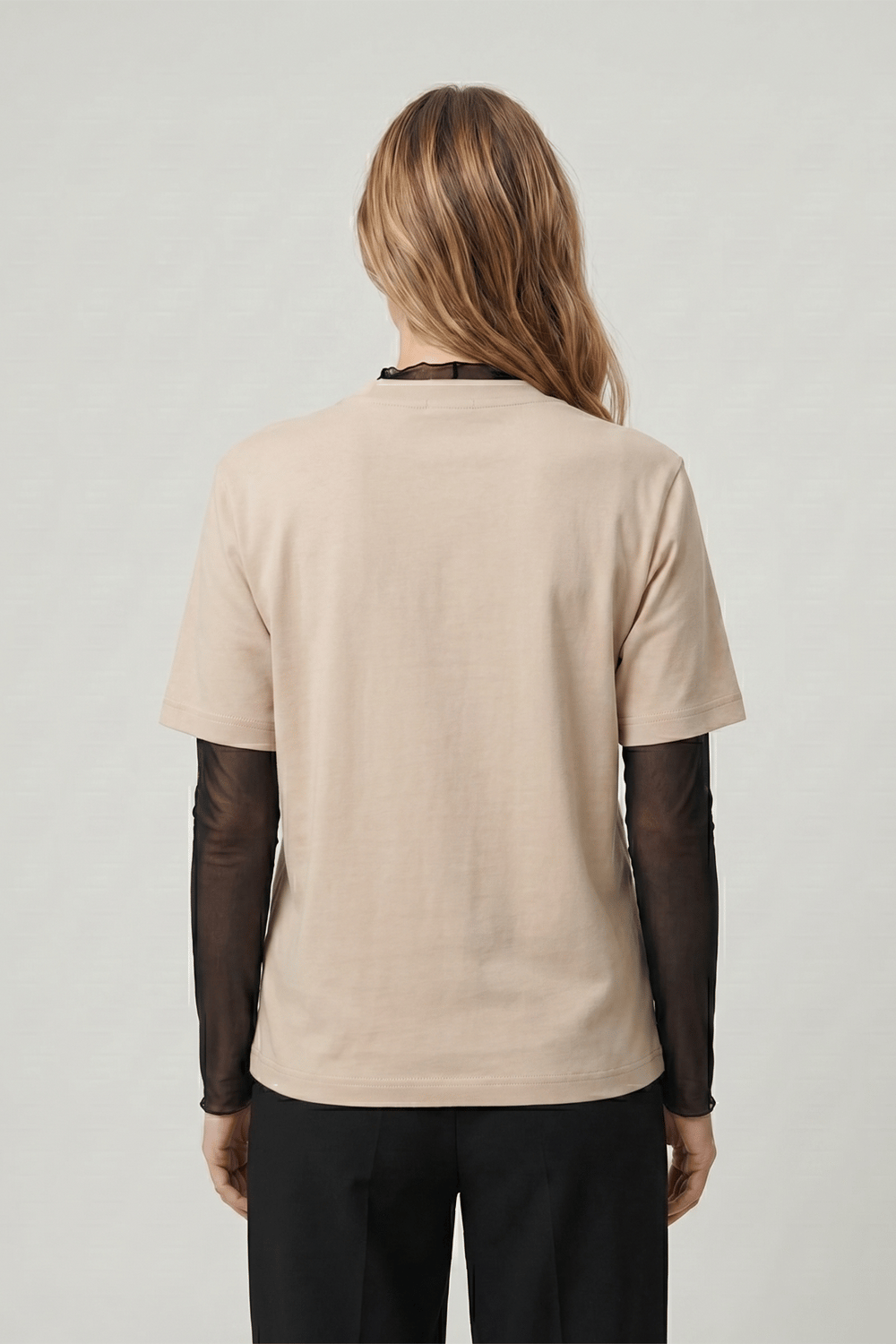 Kadın İnterlok Pamuklu Bisiklet Yaka Bej T-shirt