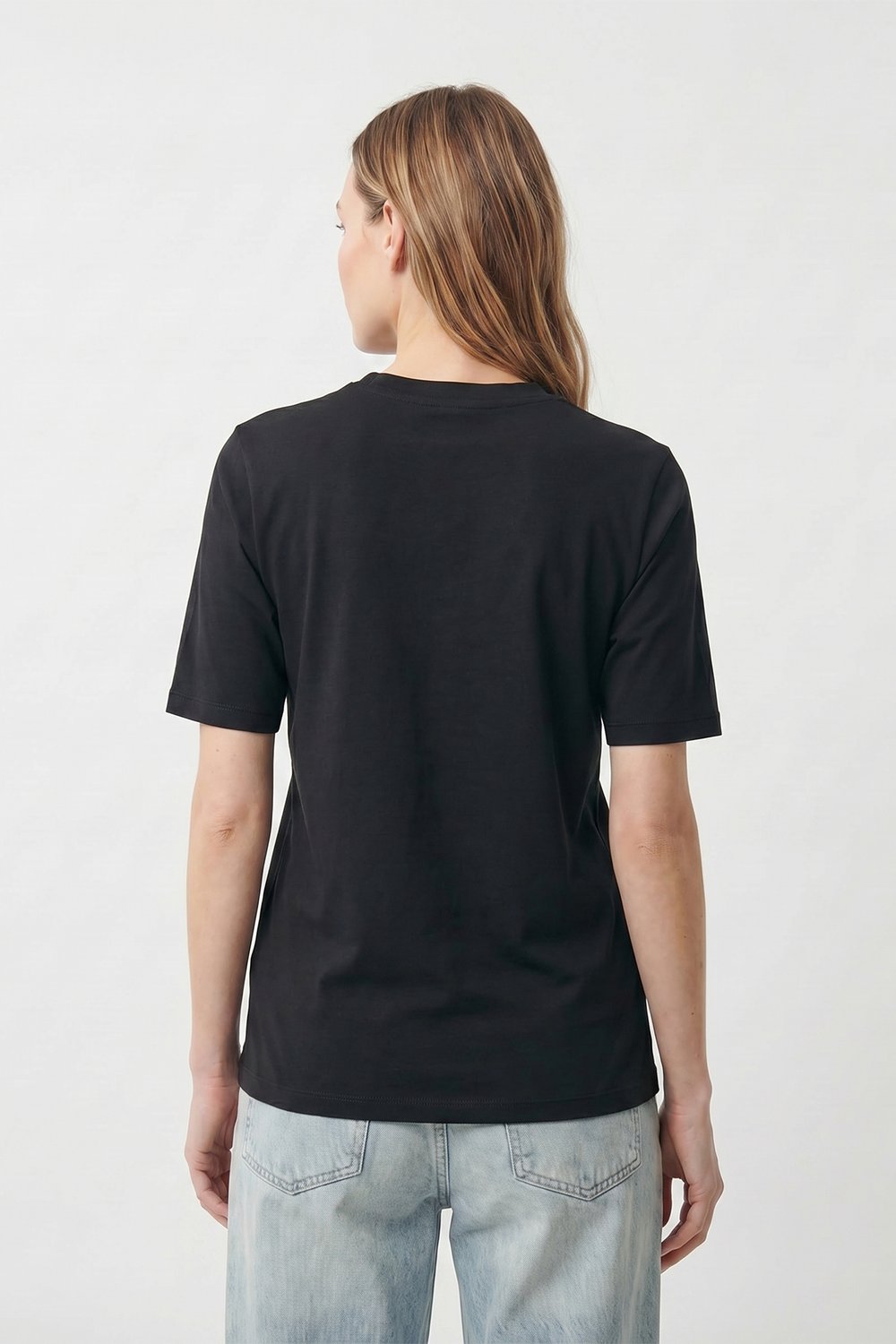 Kadın İnterlok Pamuklu Bisiklet Yaka Siyah T-shirt