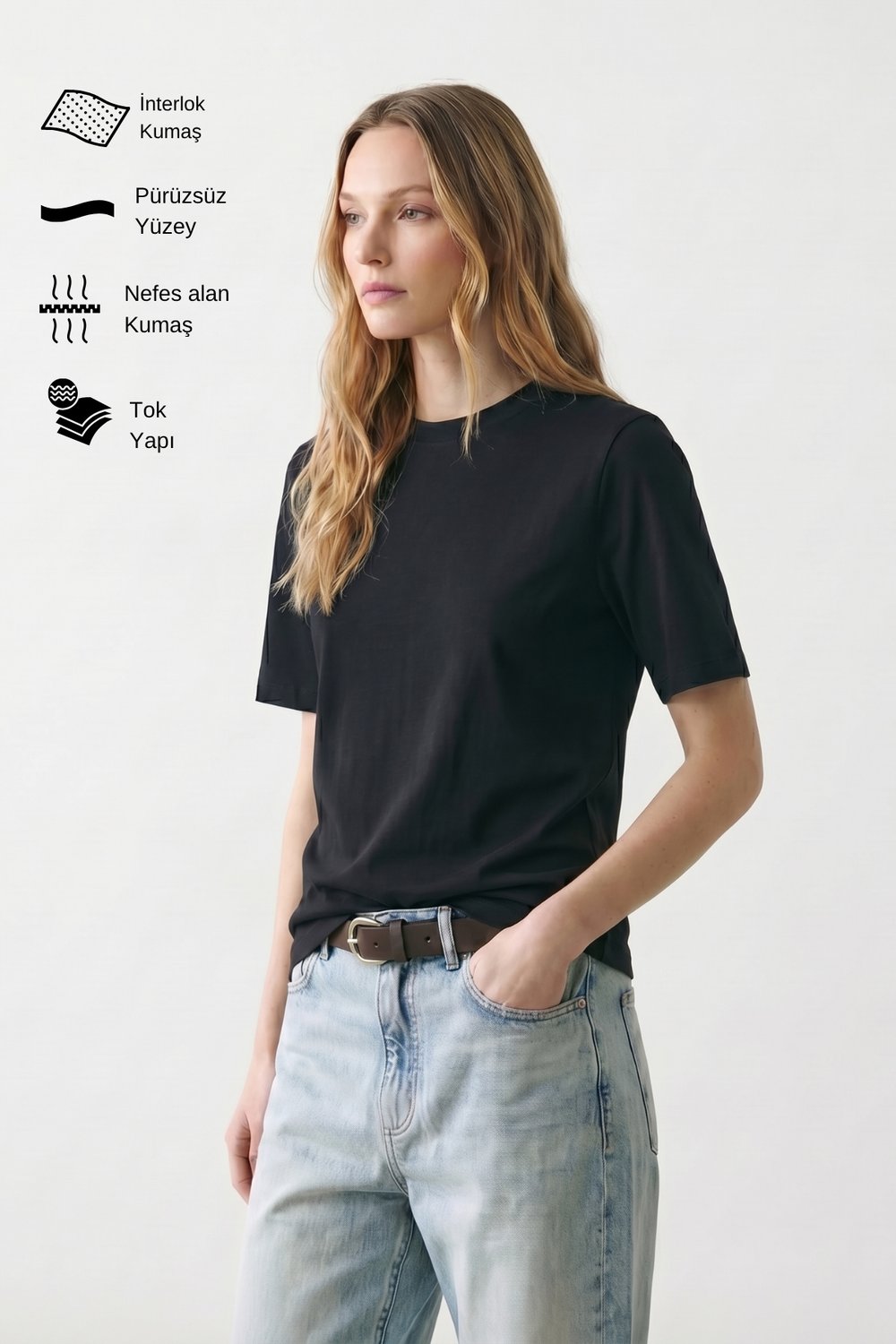 Kadın İnterlok Pamuklu Bisiklet Yaka Siyah T-shirt