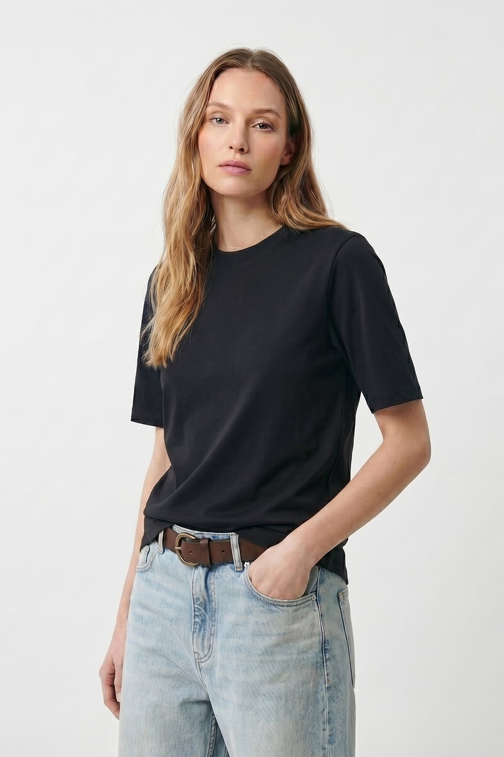 Kadın İnterlok Pamuklu Bisiklet Yaka Siyah T-shirt