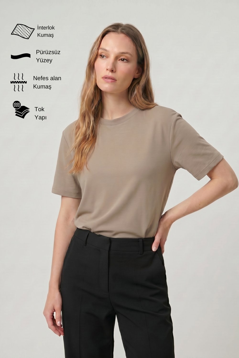 Kadın İnterlok Pamuklu Bisiklet Yaka Vizon T-shirt