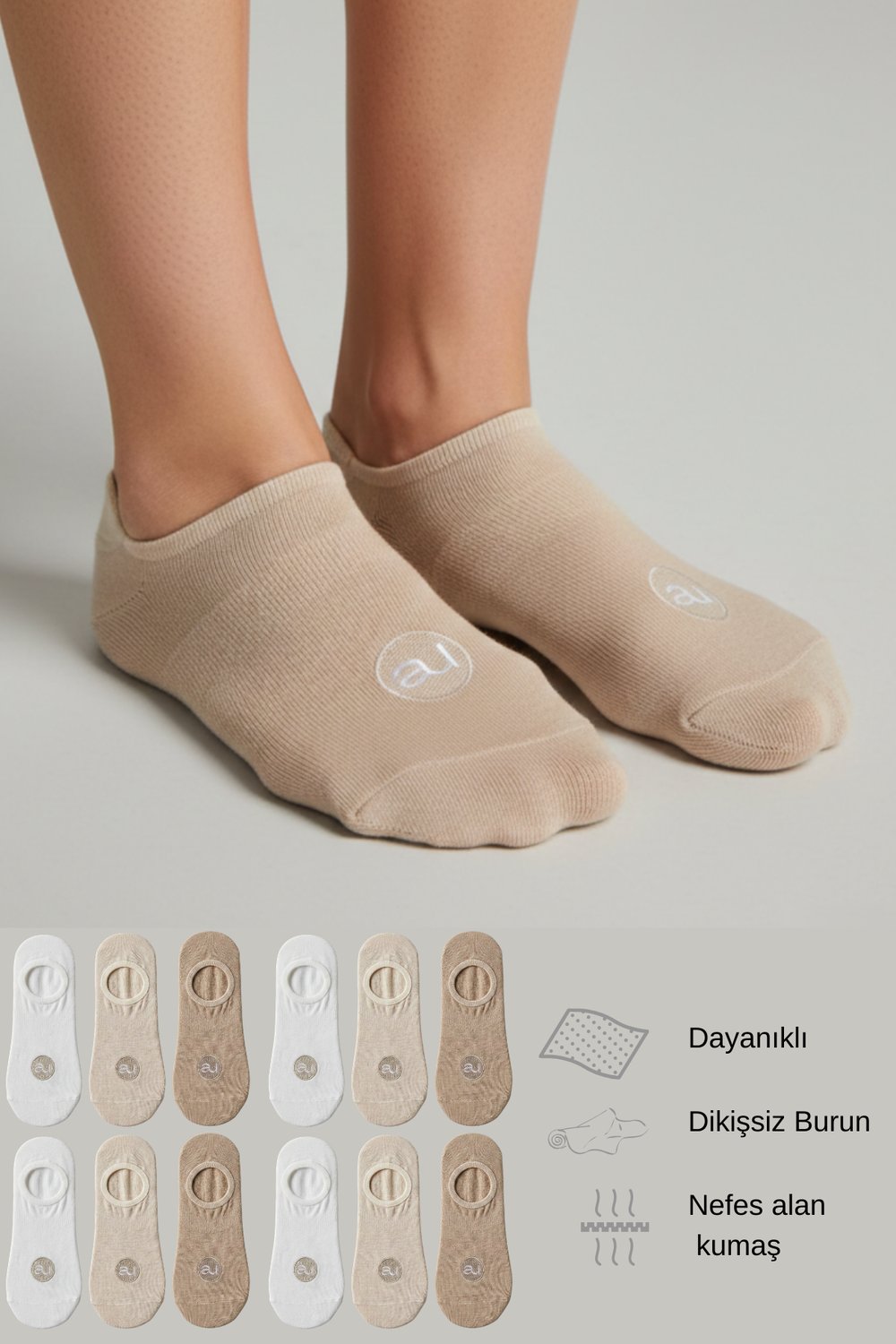 Penye Pamuk 12li Bej Görünmez Sneaker Çorap