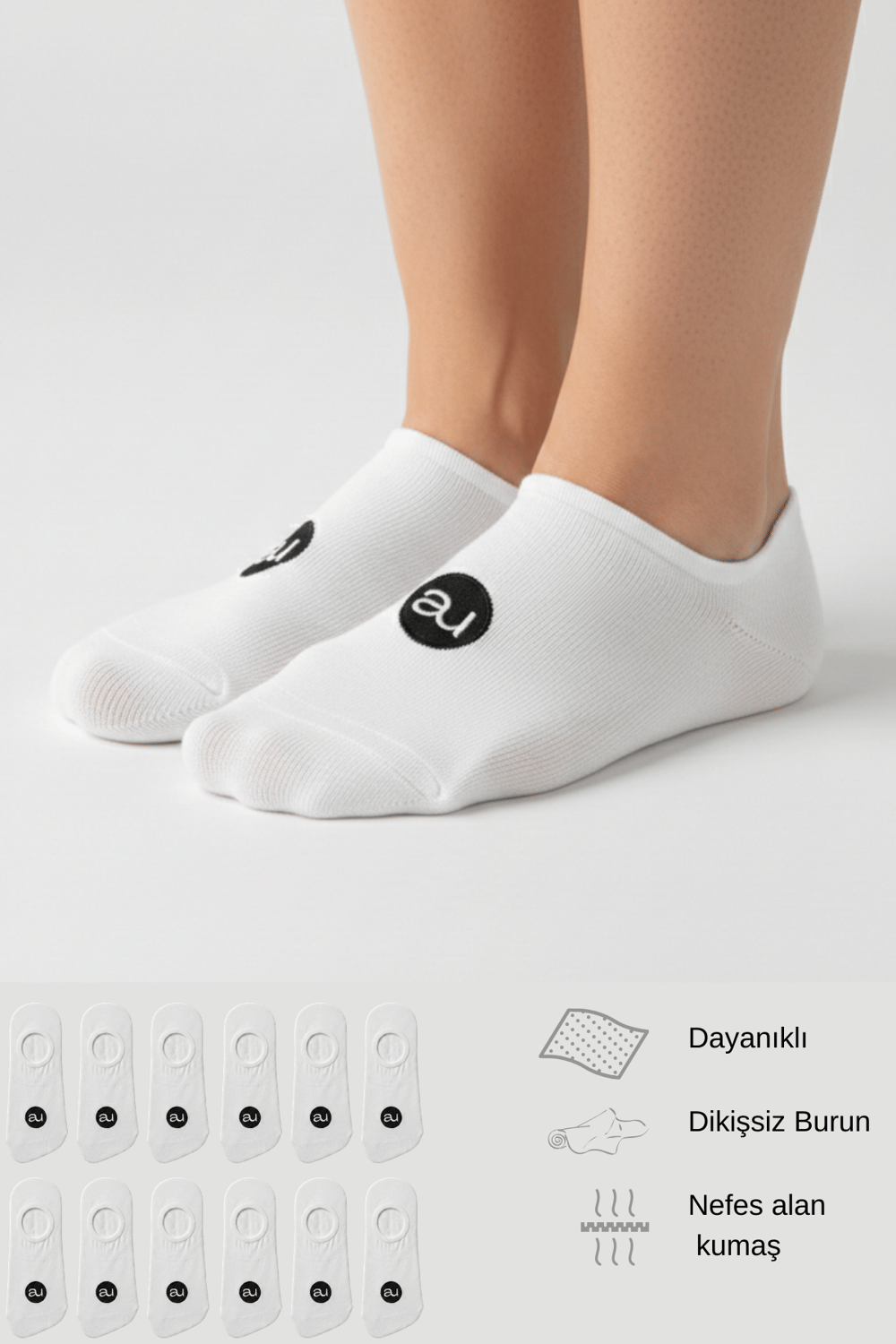 Penye Pamuk 12li Beyaz Görünmez Sneaker Çorap