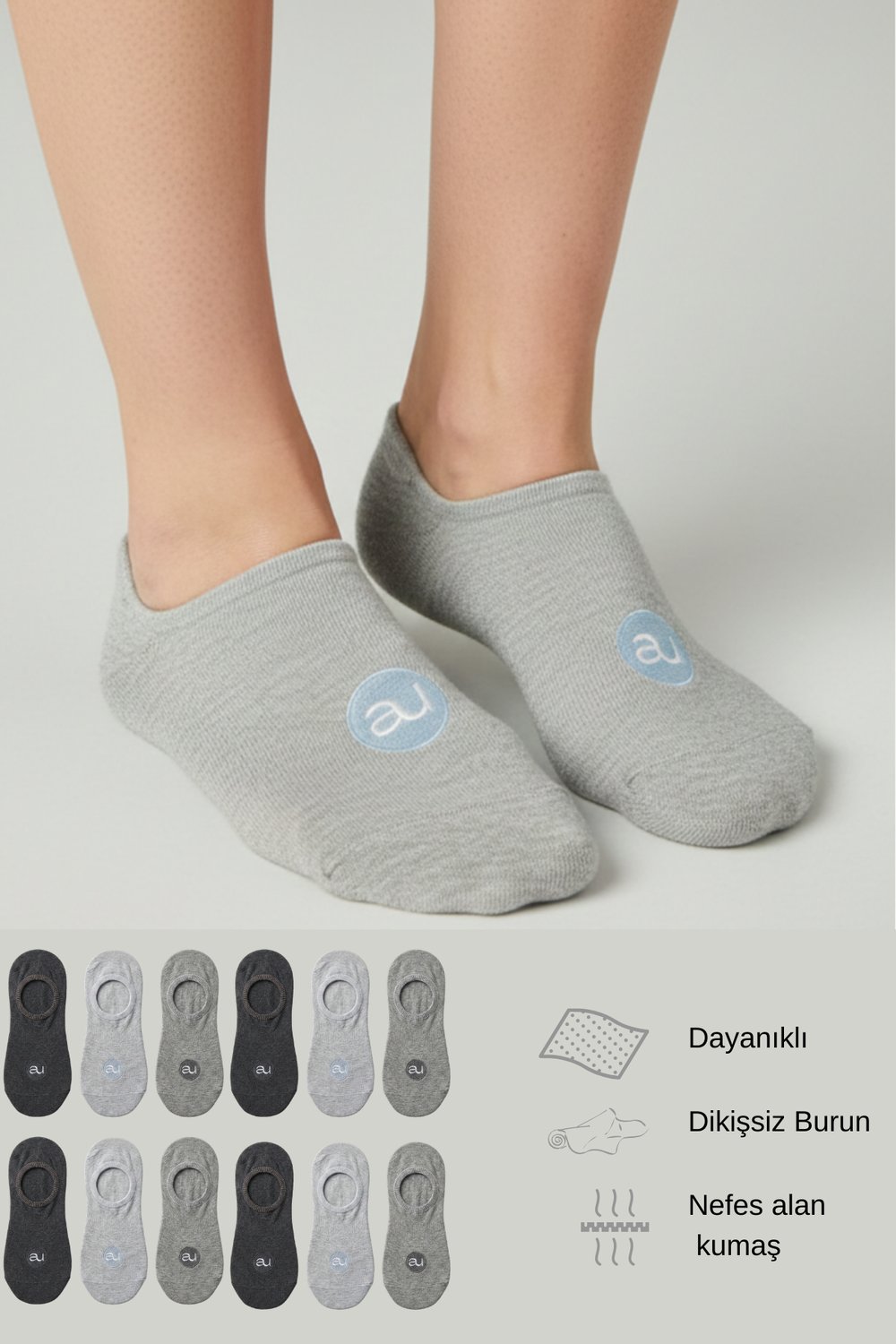 Penye Pamuk 12li Gri Görünmez Sneaker Çorap