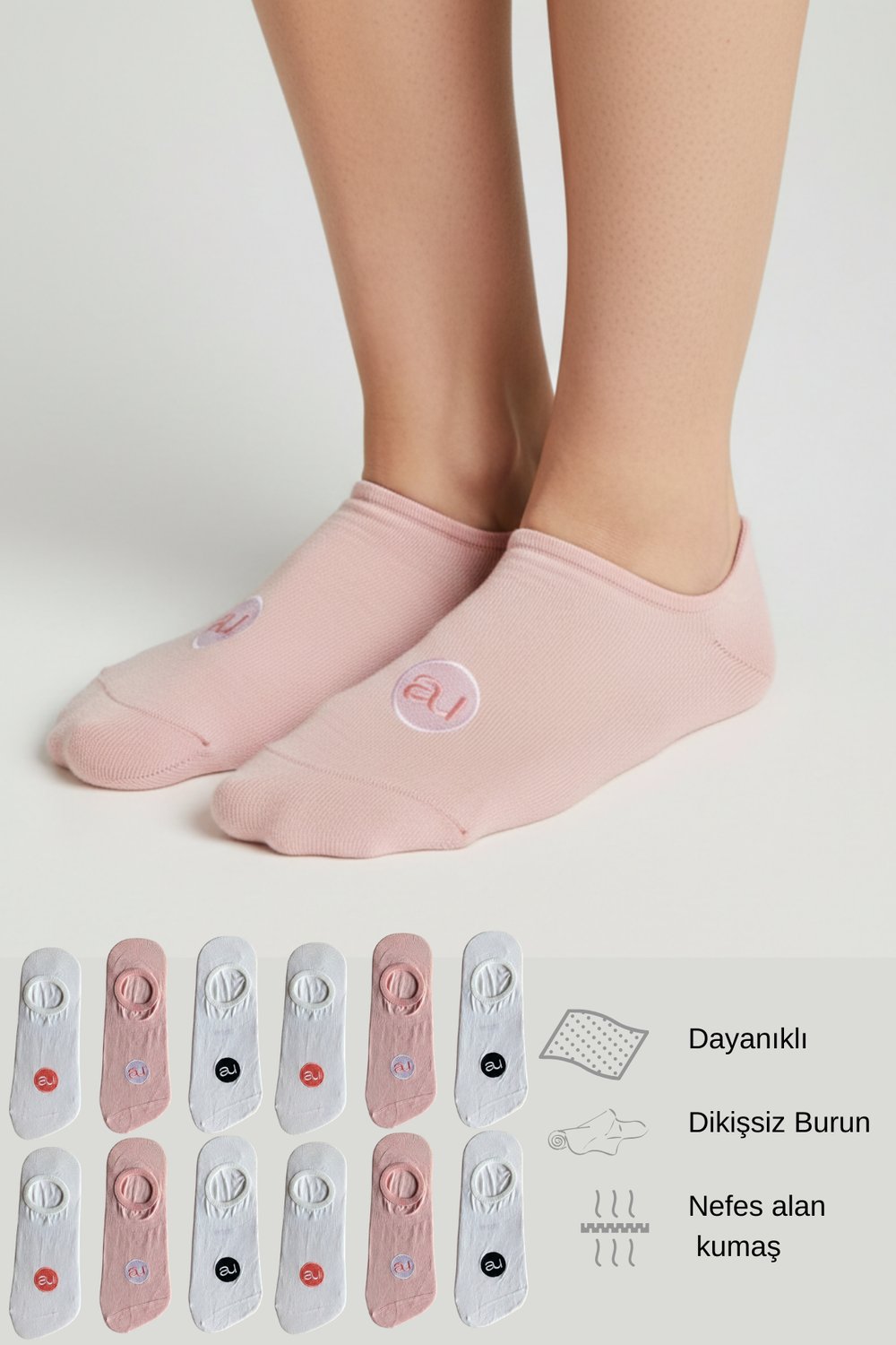 Penye Pamuk 12li Pembe Beyaz Görünmez Sneaker Çorap
