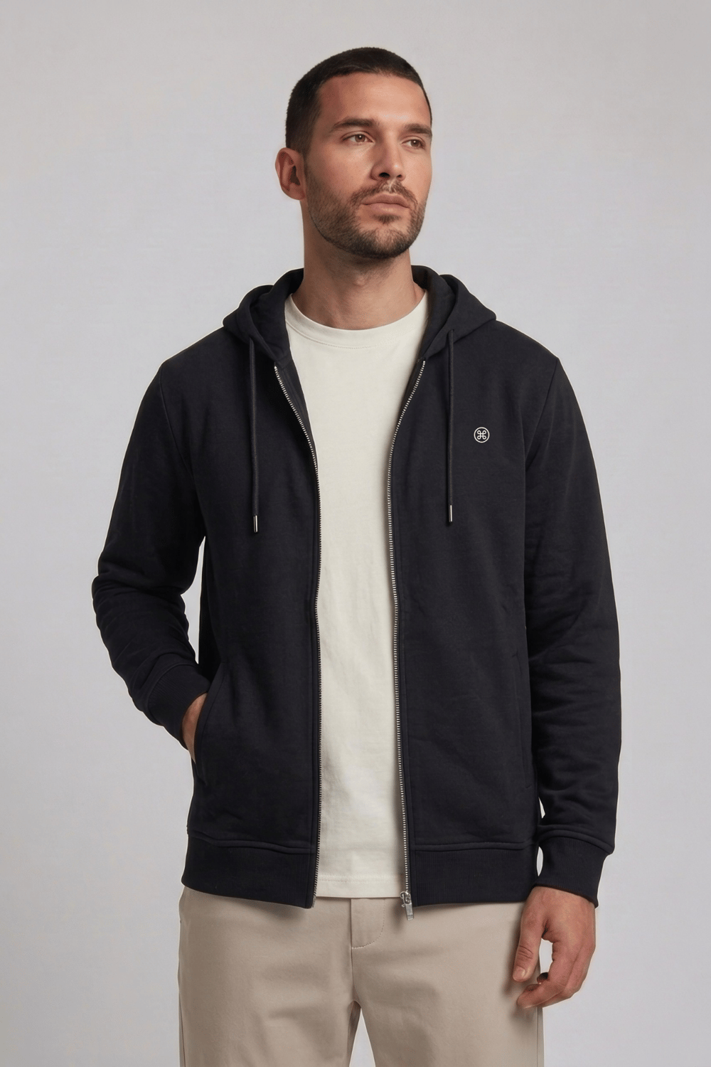 Siyah Fermuarlı Kapüşonlu Sweatshirt