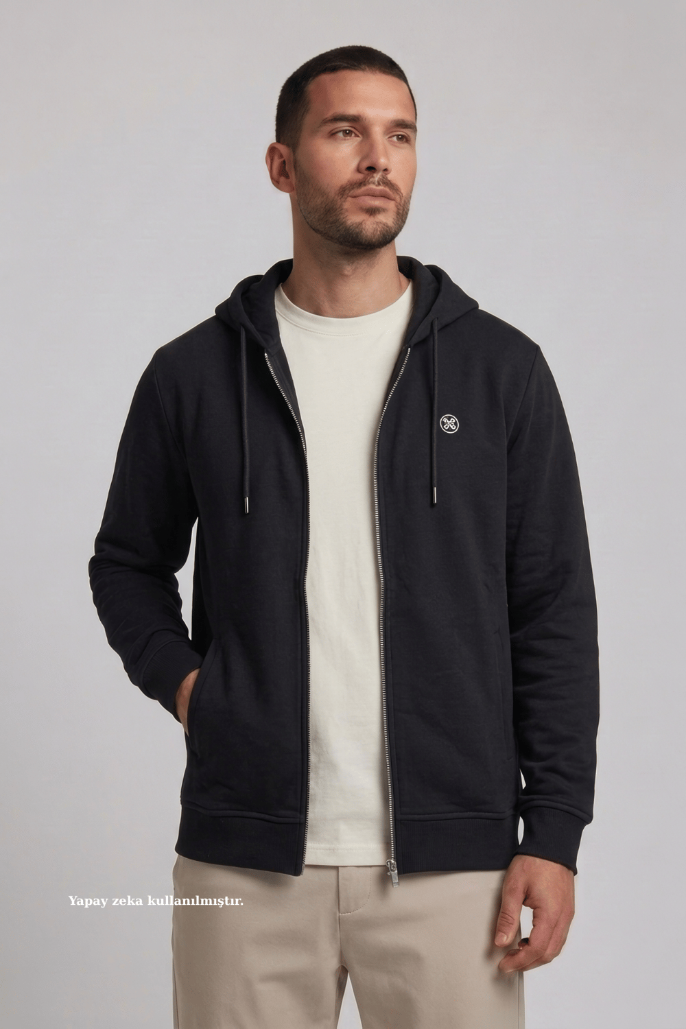 Siyah Fermuarlı Kapüşonlu Sweatshirt