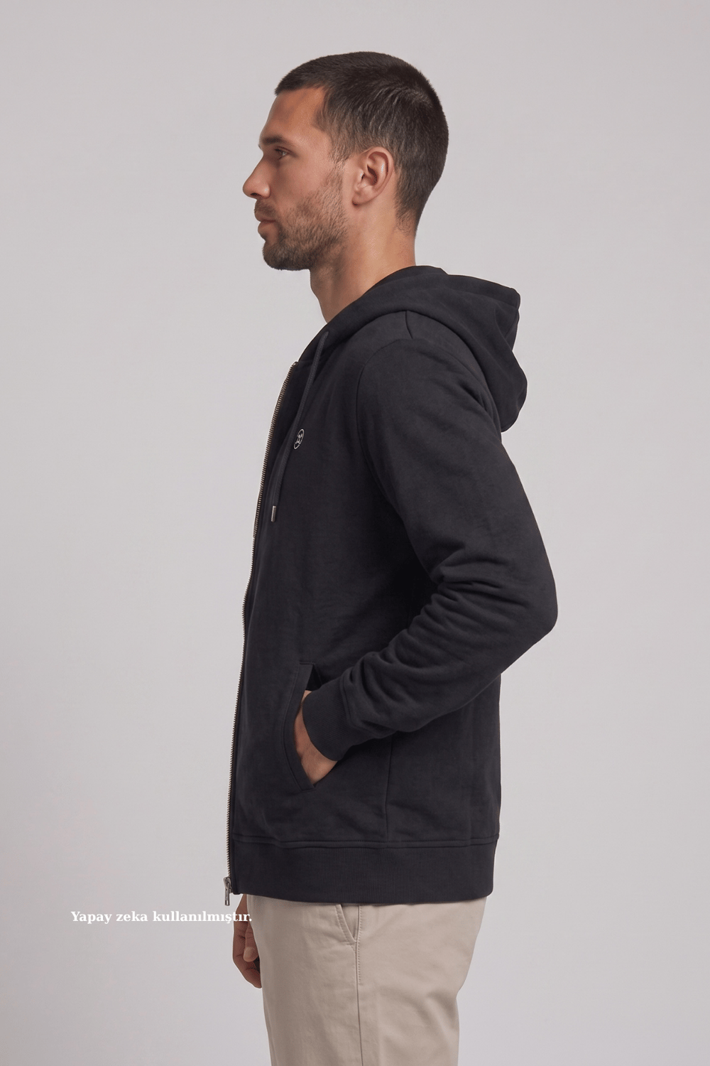 Siyah Fermuarlı Kapüşonlu Sweatshirt