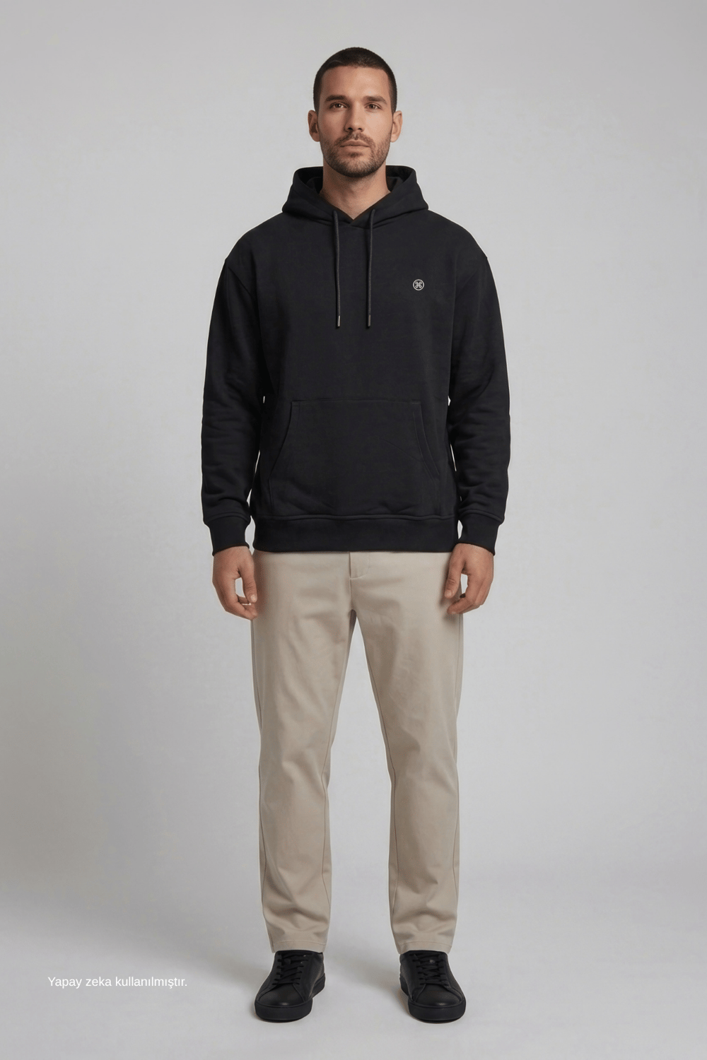 Siyah Şardonlu Pamuklu Hoodie