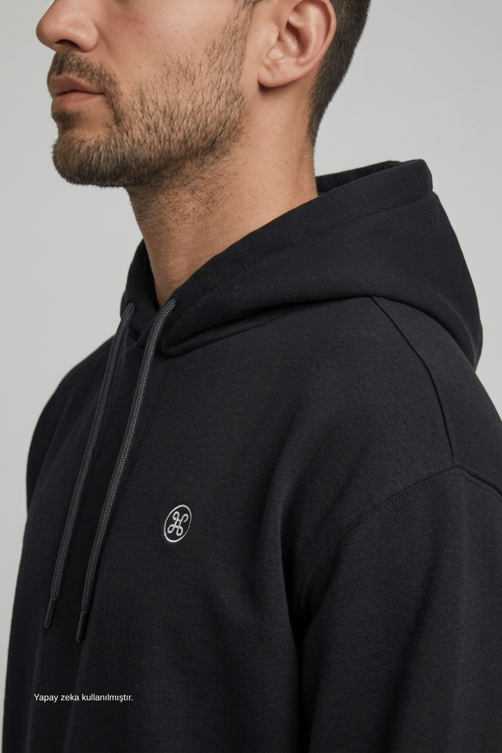 Siyah Şardonlu Pamuklu Hoodie