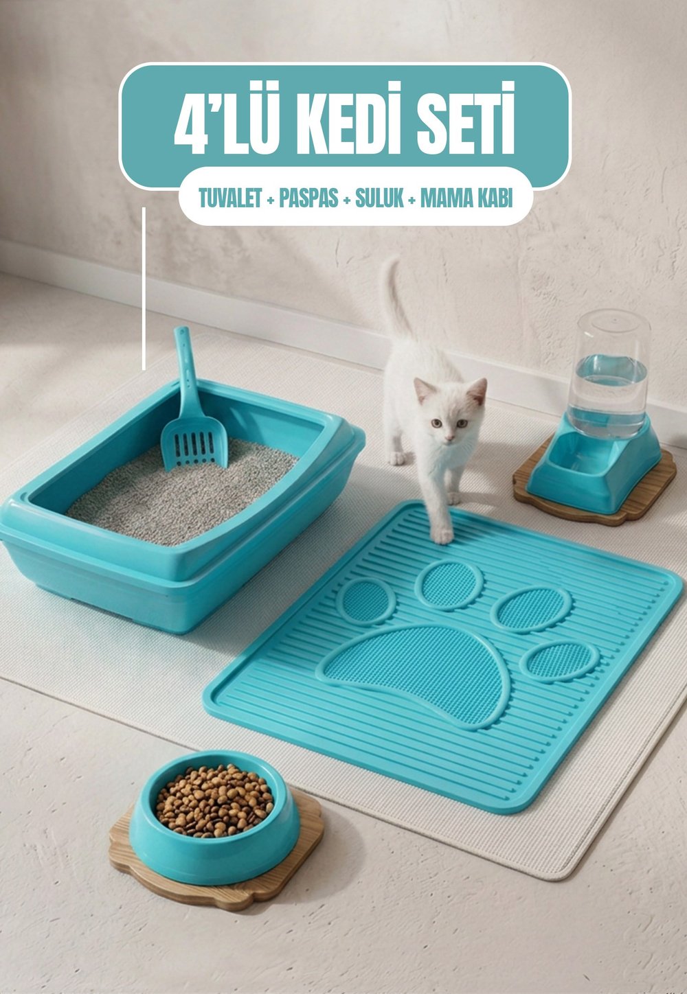 Açık 4lü Kedi Seti (Tuvalet + Suluk + Mama Kabı + Paspas)