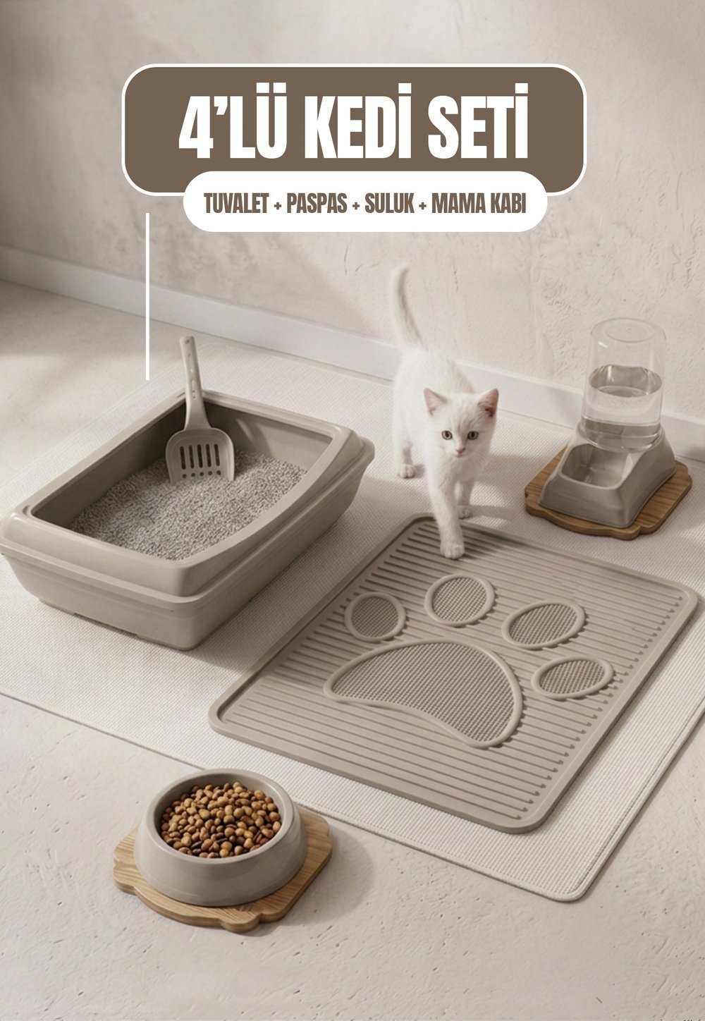 Açık 4lü Kedi Seti (Tuvalet + Suluk + Mama Kabı + Paspas)
